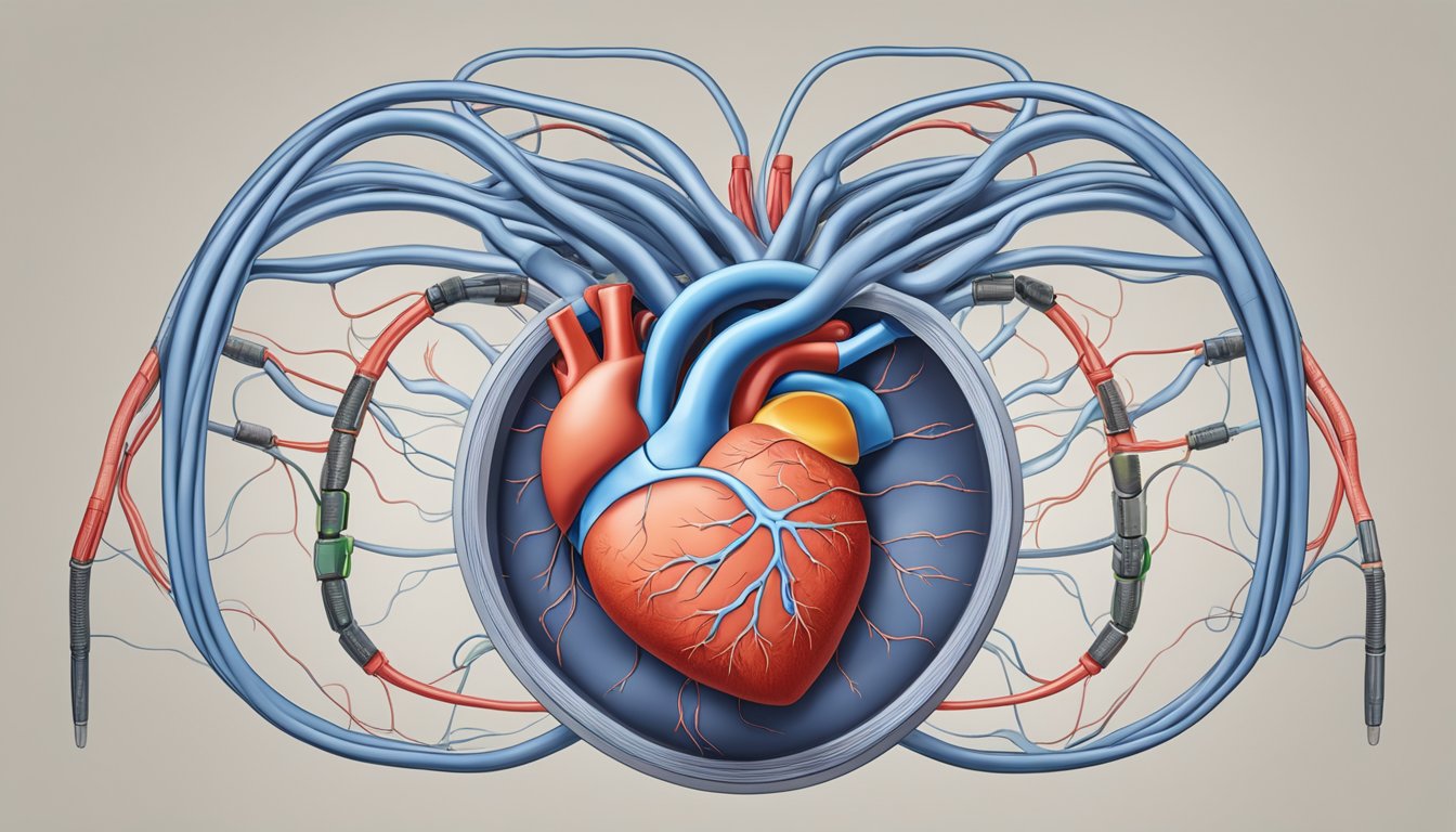 A heart surrounded by arteries being dilated by medication, exercise, and dietary changes to increase blood flow