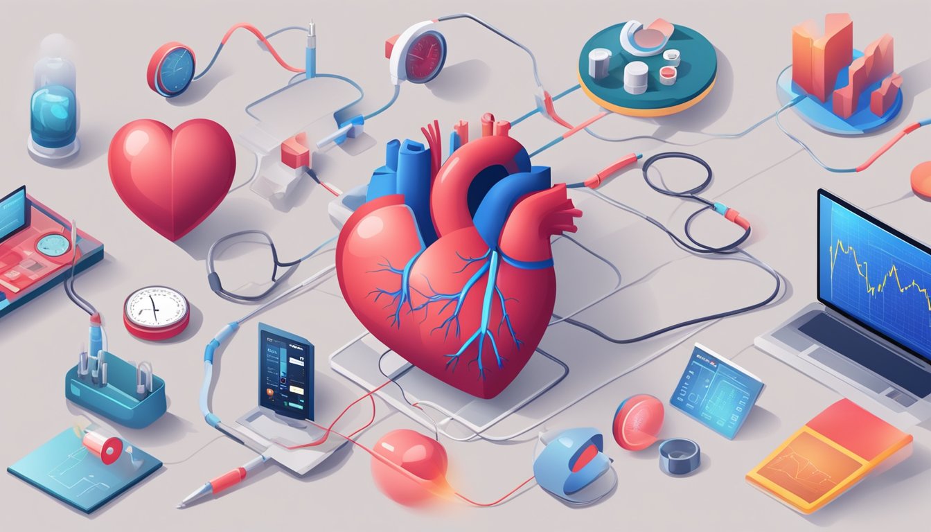 A heart pumping with increased blood flow, surrounded by monitoring devices and charts