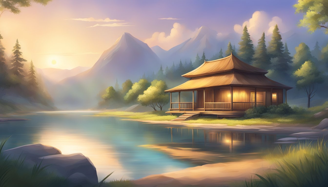 A serene, tranquil setting with soft lighting and gentle nature sounds