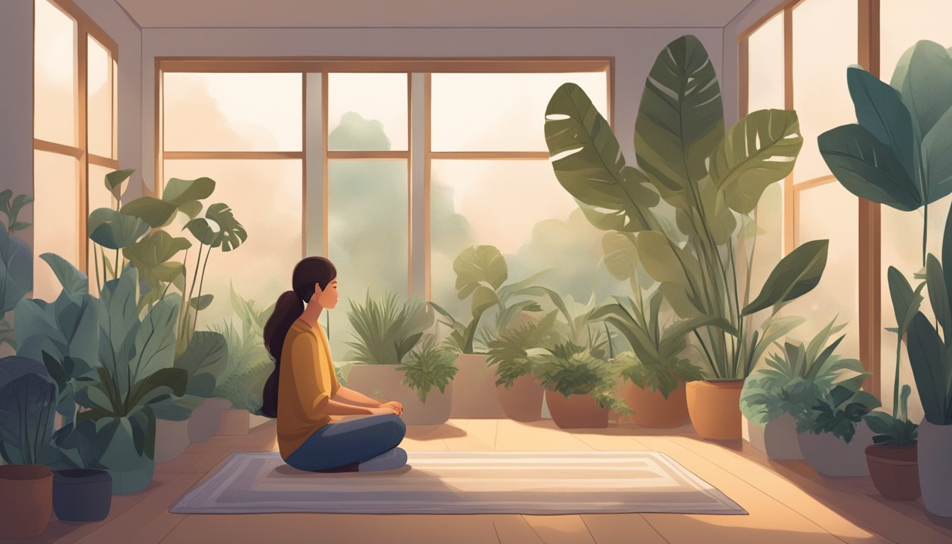 A person sits in a quiet room, taking slow, deep breaths. They are surrounded by calming elements such as plants, soft lighting, and soothing music