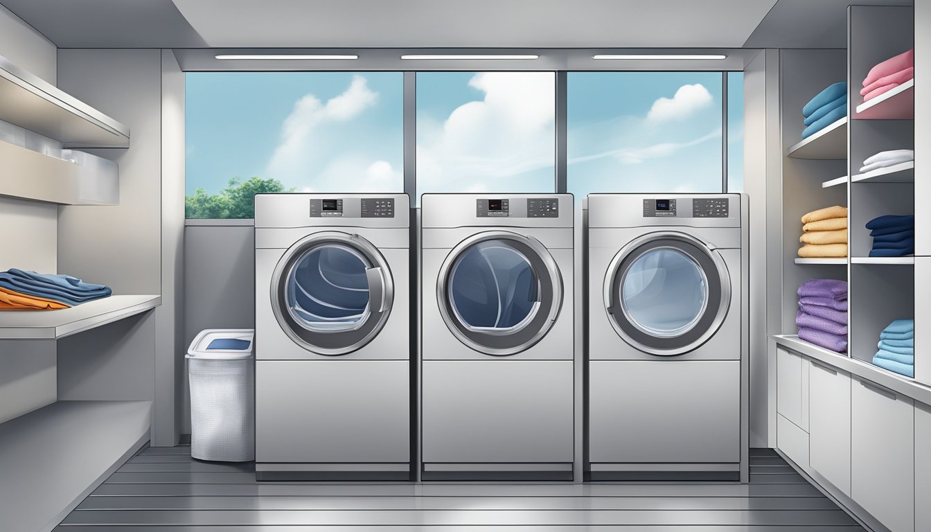 A modern dryer machine in a clean and spacious laundry room in Singapore. The machine is sleek and silver, with a digital display and various settings for different types of fabrics