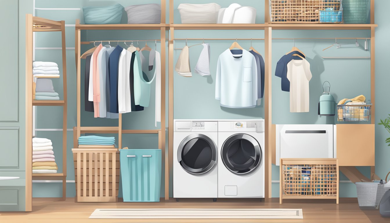A modern, sleek dryer machine sits in a bright Singaporean home, surrounded by laundry baskets and neatly folded clothes