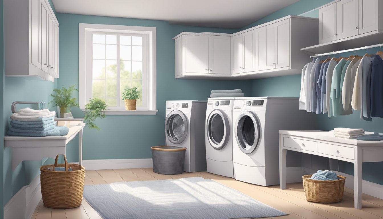 A modern laundry room with a sleek, silver dryer machine in the center, surrounded by neatly folded towels and a basket of freshly washed clothes