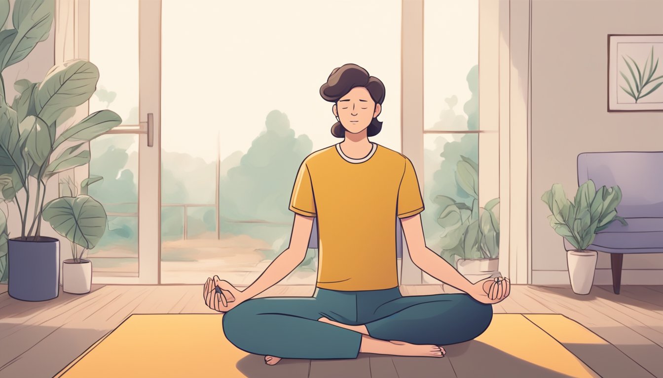 A person sits calmly, taking deep breaths. A stopwatch ticks softly in the background. The scene is serene, with a focus on relaxation techniques