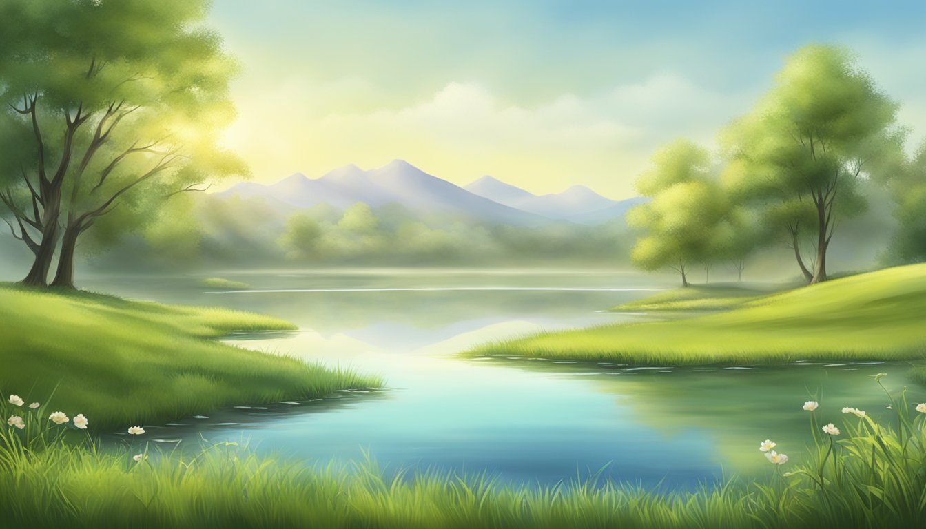 A calm, serene setting with a tranquil environment, such as a peaceful meadow with gentle, swaying grass and a clear, still pond