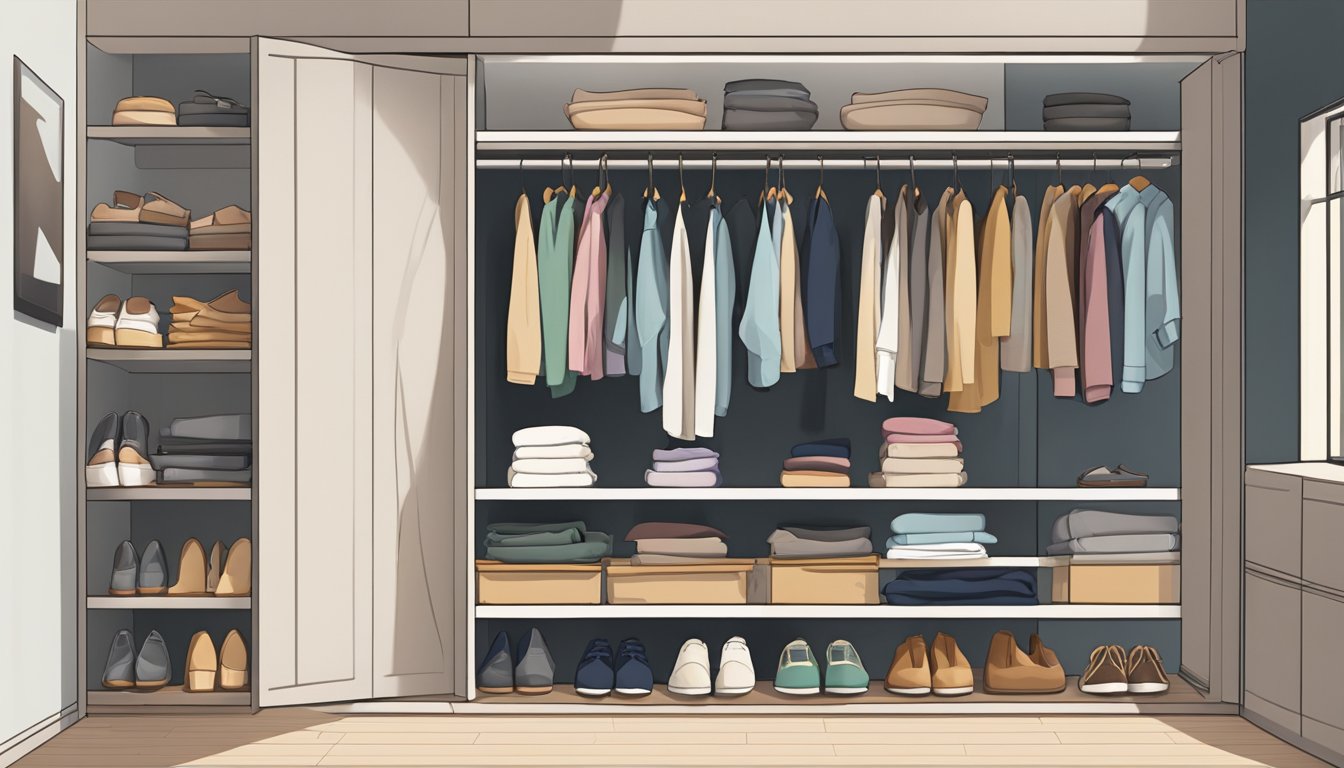 An open wardrobe with clothes hanging neatly, shoes lined up on the floor, and shelves filled with folded items