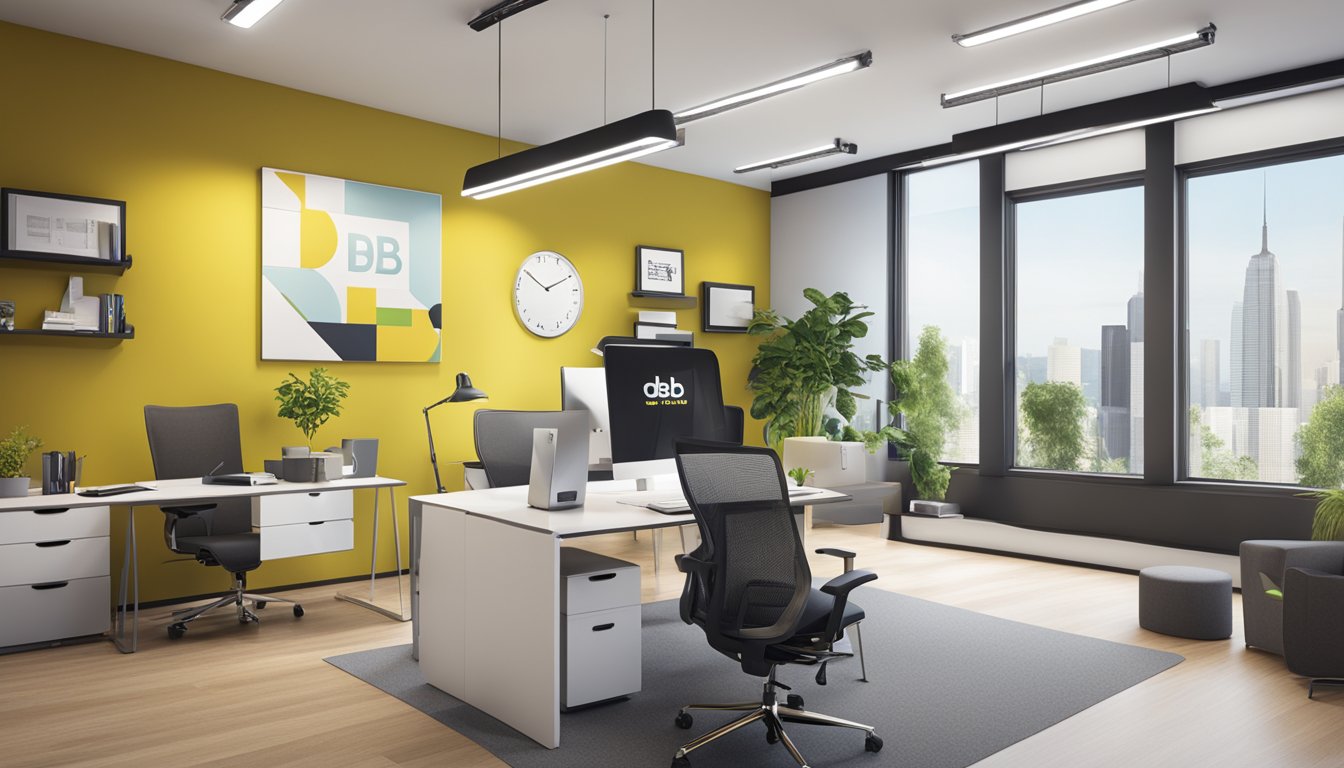 A modern office space with sleek furniture and branding elements of "Our Expertise db&b" displayed prominently on the walls and desk accessories