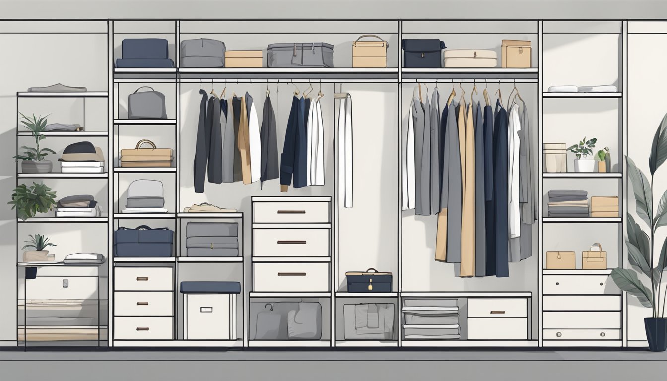 A spacious, minimalist open wardrobe with clean lines and organized shelves, showcasing a mix of hanging clothes, neatly folded items, and stylish accessories