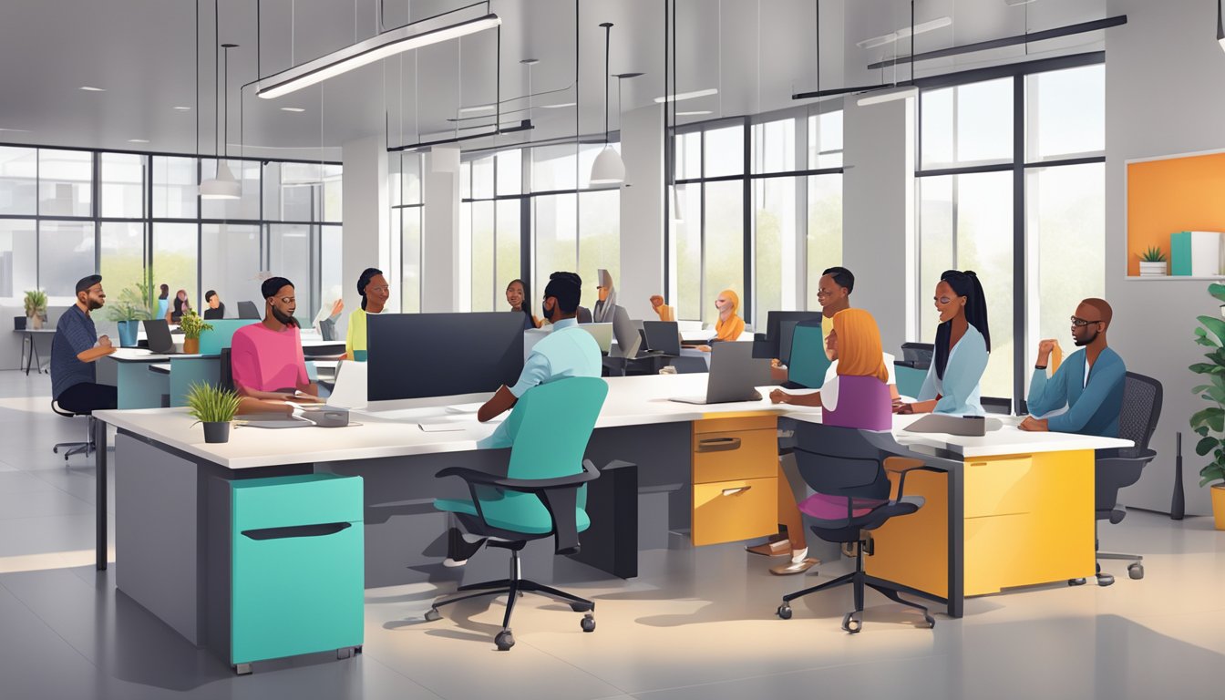 A group of diverse people engage in conversation and collaboration in a modern office space, with open floor plan and bright, welcoming colors