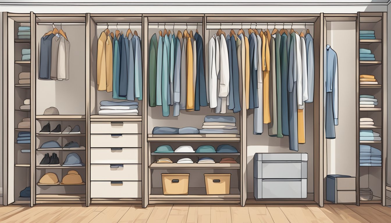 A neatly arranged open wardrobe with hanging clothes and organized shelves