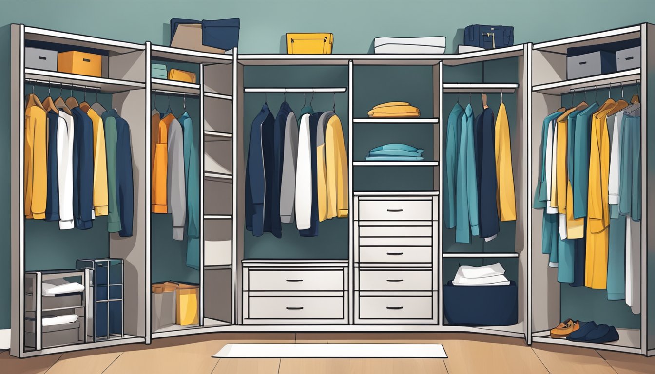 An open wardrobe with various shelves and compartments, displaying neatly organized items