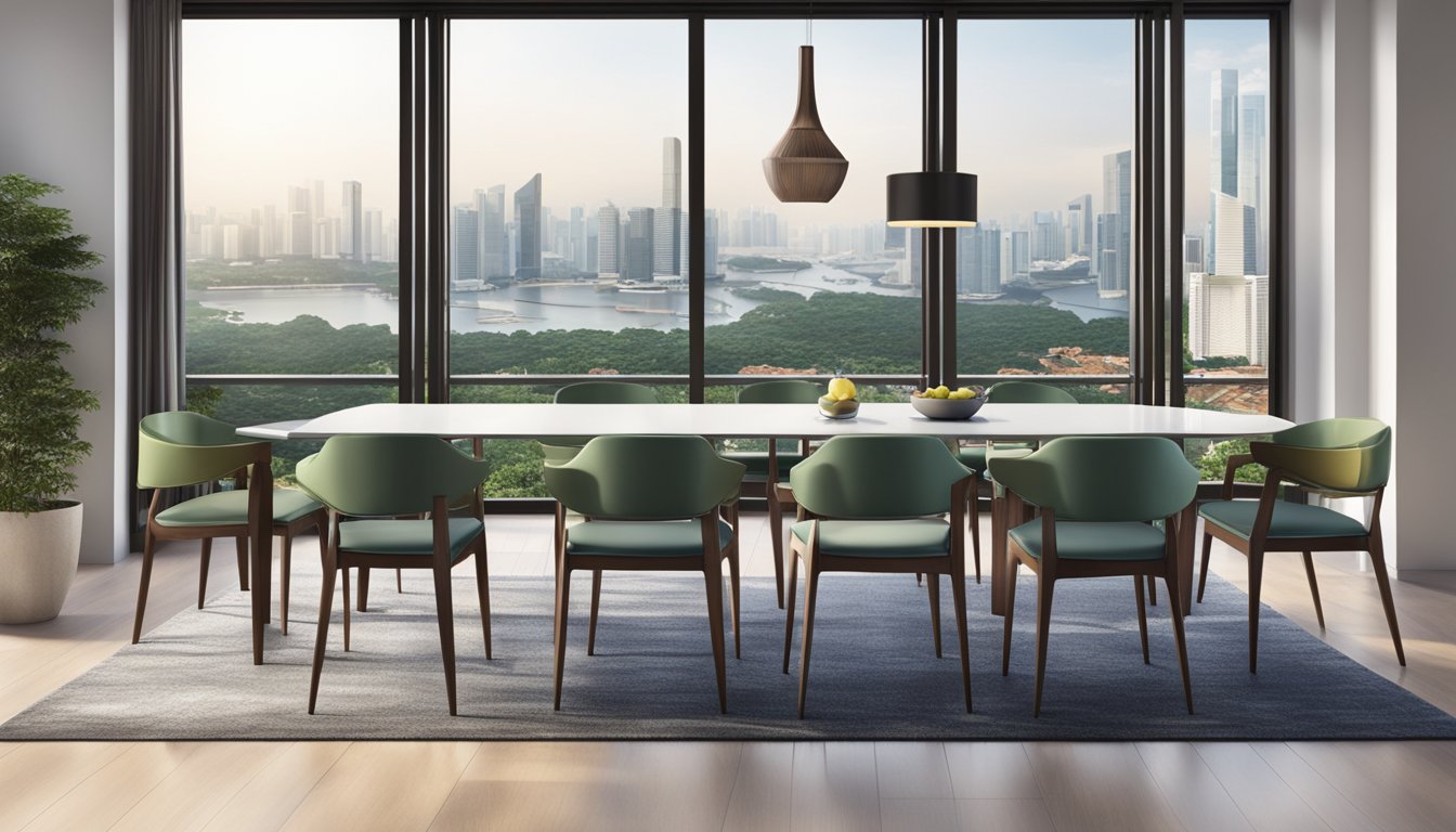 A modern dining set in Singapore, with a sleek table and chairs, set against a backdrop of a city skyline through floor-to-ceiling windows