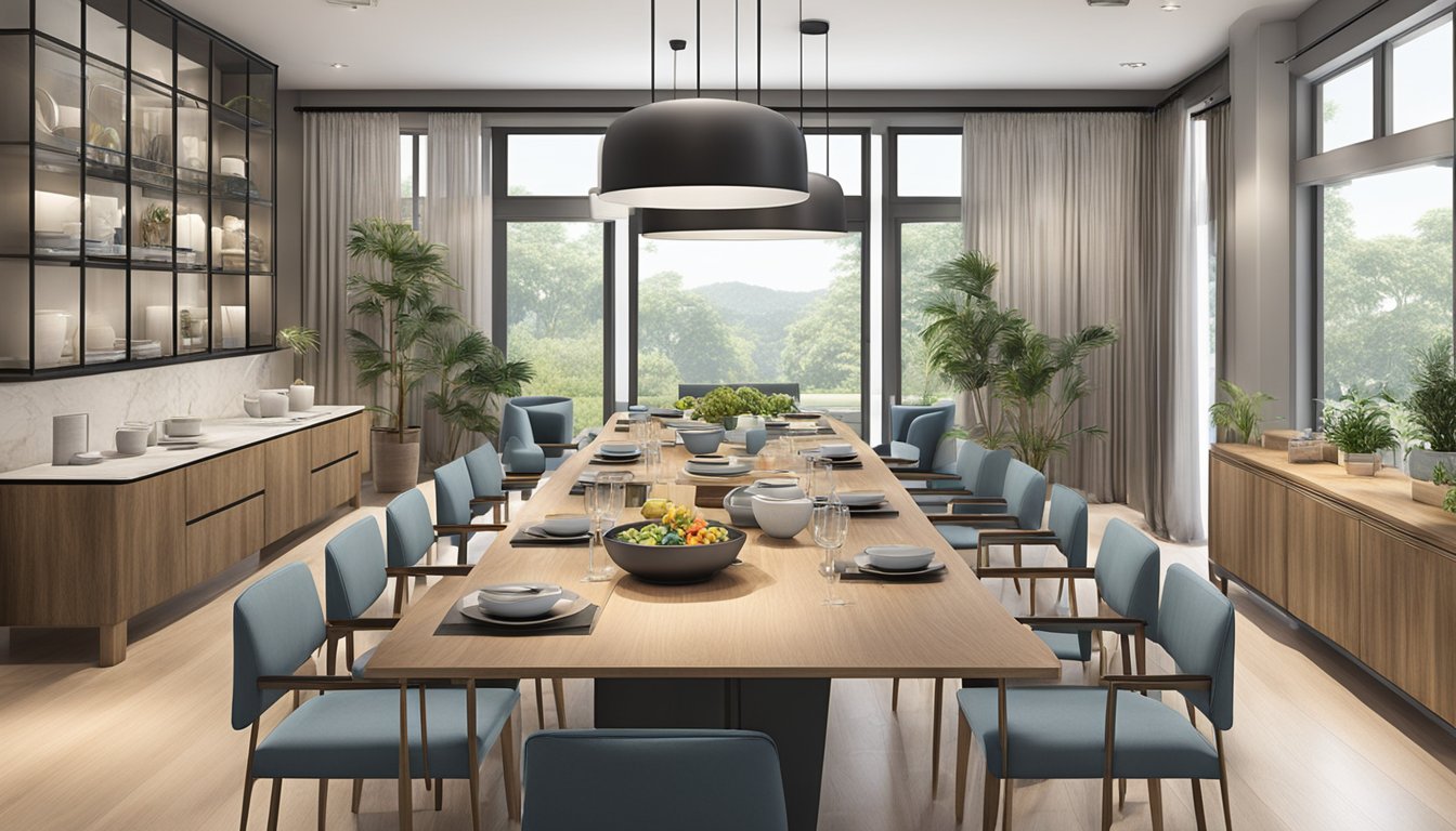 A variety of dining sets displayed in a Singapore showroom, featuring different materials, styles, and designs