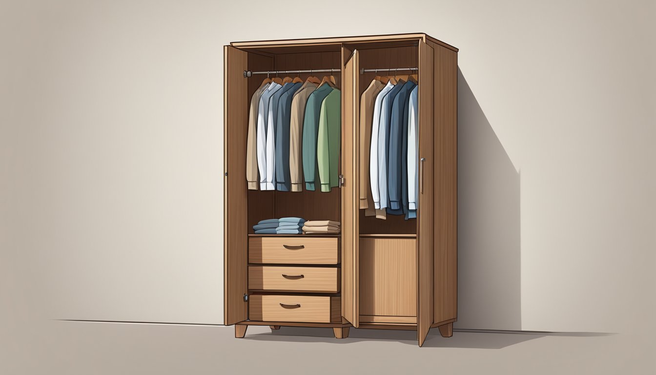 A wooden wardrobe cabinet stands against a wall, its doors slightly ajar, revealing neatly folded clothes and hanging garments inside