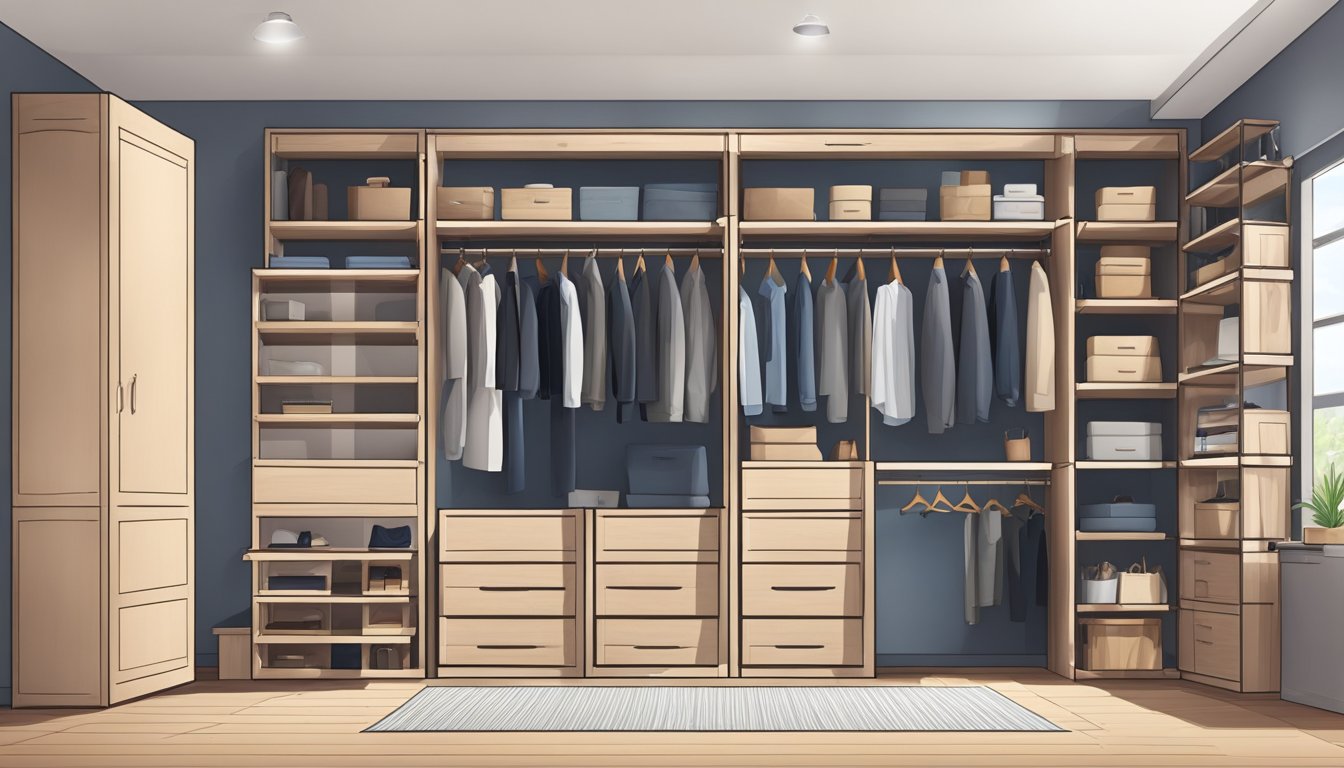 A spacious room with various wardrobe cabinets in different sizes and styles arranged neatly. Some cabinets have open doors, revealing their contents