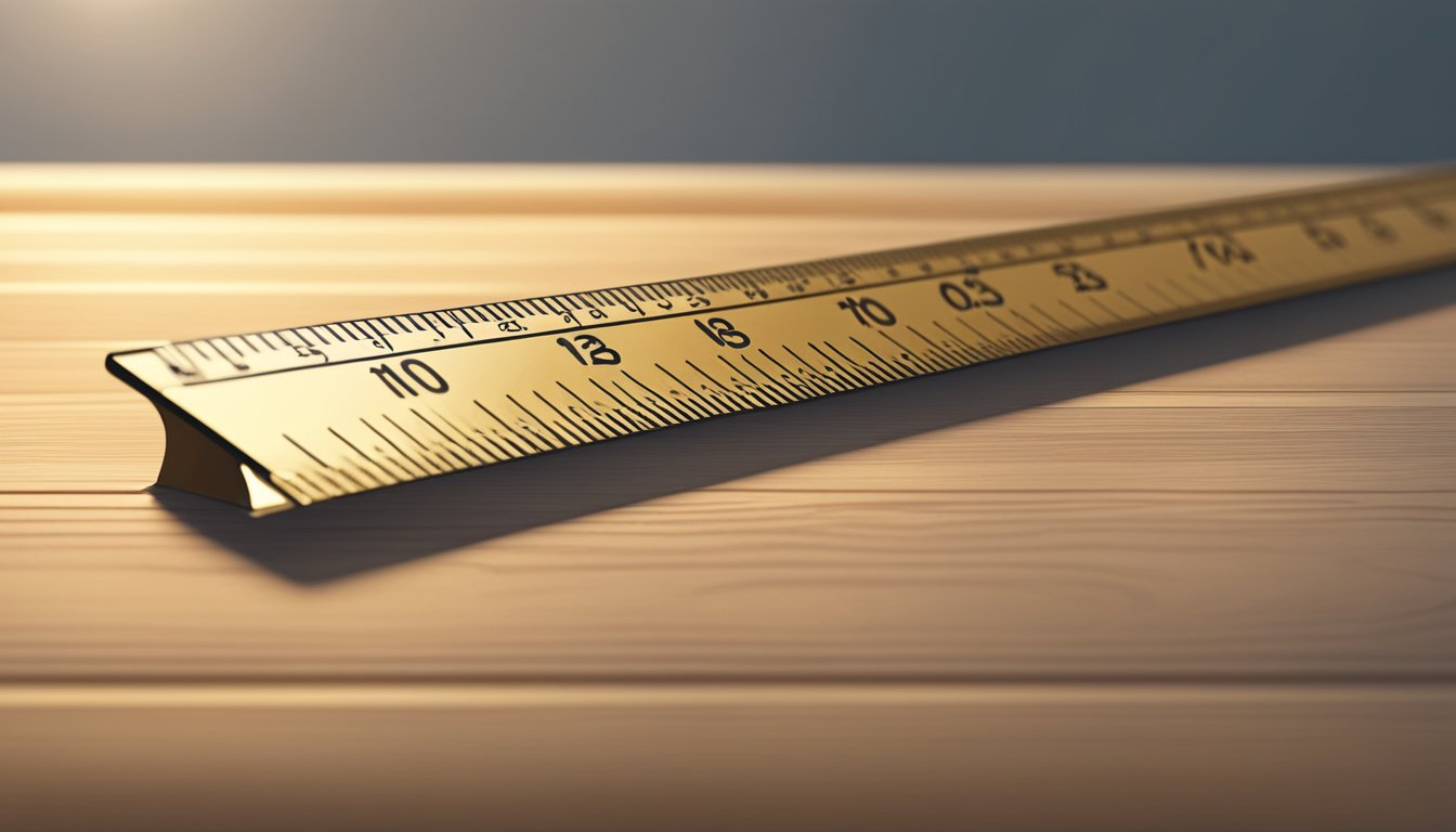 A 10-inch ruler lies on a wooden desk, casting a shadow in the soft light