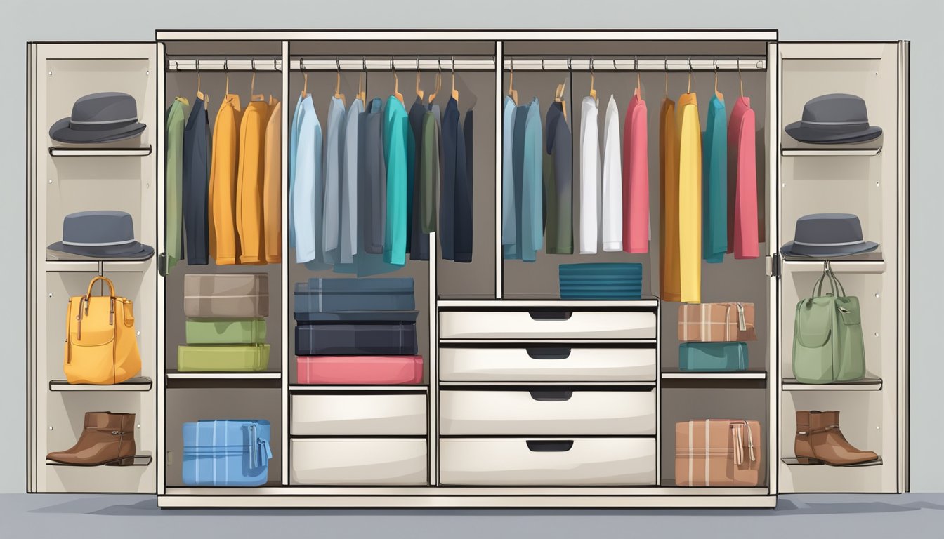A wardrobe cabinet with multiple compartments and adjustable shelves, storing various clothing items and accessories in an organized and efficient manner