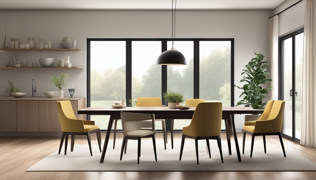 A well-lit dining room with a modern, sleek dining set against a neutral backdrop, with ample space for movement and comfortable seating