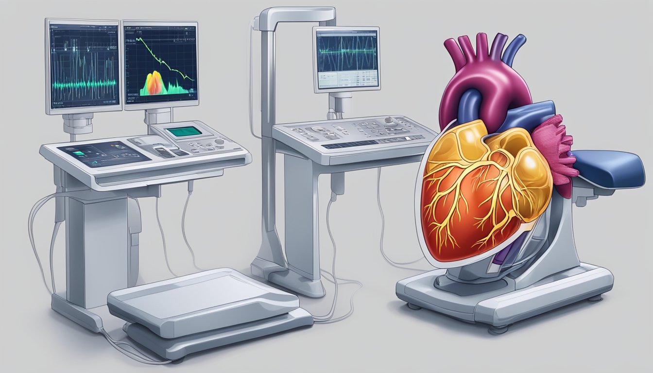 A heart scan machine displays a digital image of a beating heart with highlighted areas indicating potential blockages or abnormalities