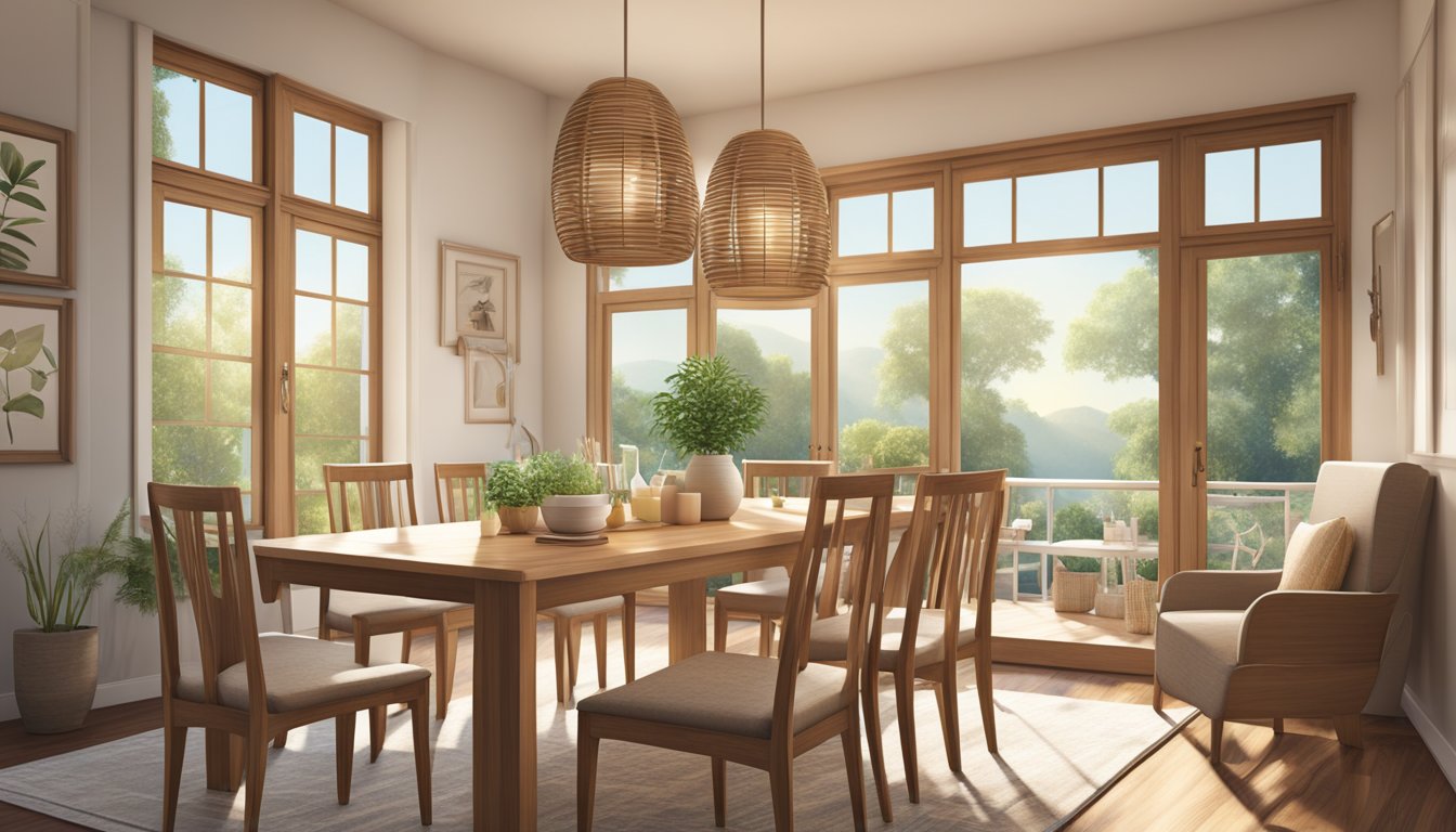 A wooden dining set arranged with a table, chairs, and place settings in a cozy, sunlit room