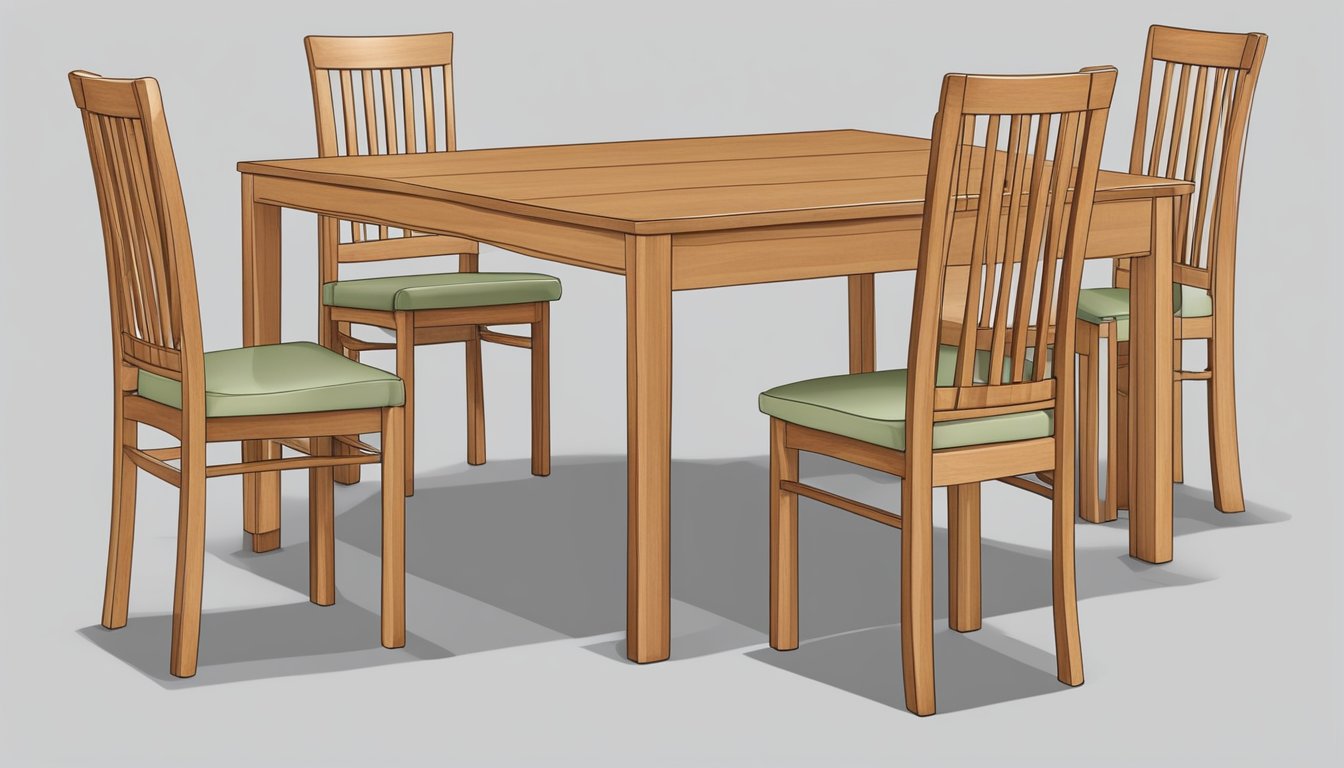A wooden dining set with a rectangular table and four chairs, featuring clean lines and a natural wood finish. The chairs have cushioned seats for comfort