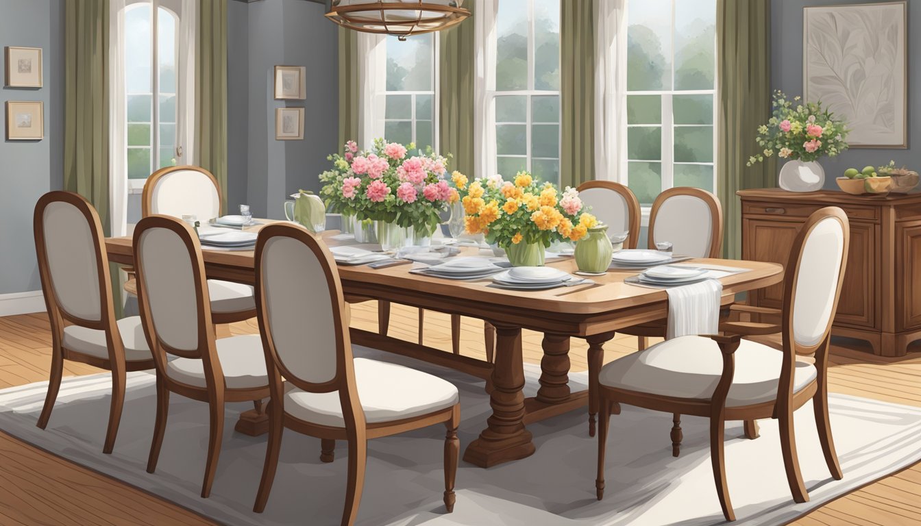 A wooden dining set being polished and wiped clean with a soft cloth. The chairs are arranged neatly around the table, with a vase of fresh flowers as a centerpiece