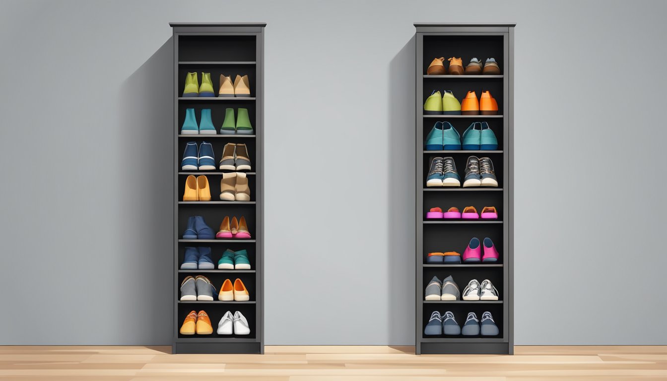 A tall shoe cabinet stands against a blank wall, with multiple shelves and compartments for organizing shoes