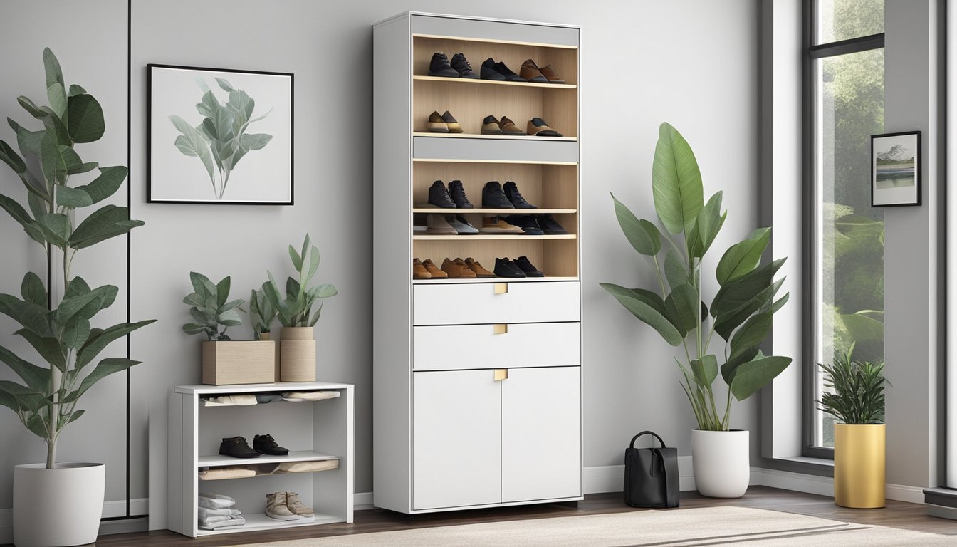 A tall shoe cabinet stands against a wall, with multiple shelves and compartments for organized storage. The sleek design and functionality are highlighted by its clean lines and modern finish