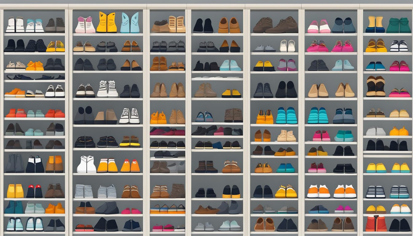 A tall shoe cabinet with multiple shelves filled with neatly organized shoes, placed against a clean and modern background