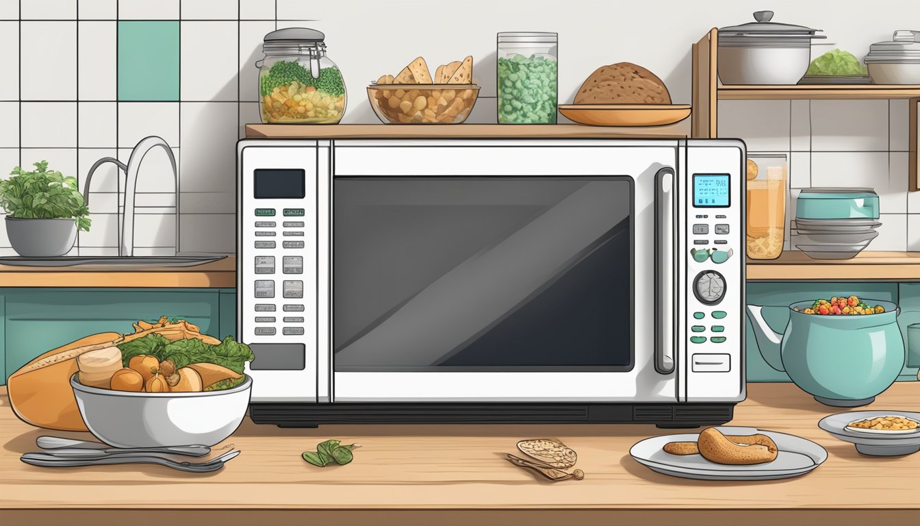 A sleek microwave oven with digital display, surrounded by various food items, and a list of frequently asked questions on a computer screen