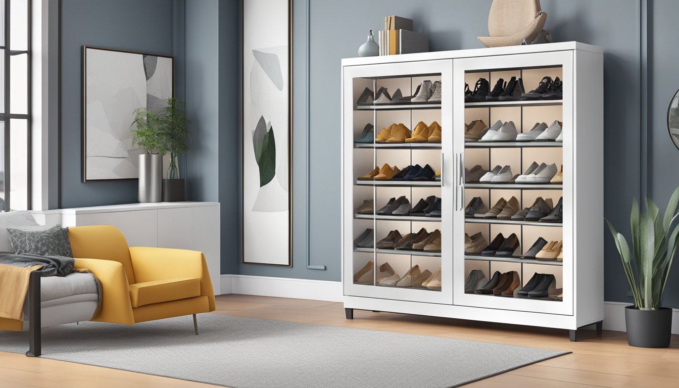A tall shoe cabinet with multiple shelves, neatly organized with various pairs of shoes. The cabinet is sleek and modern, with a glass door and silver handles
