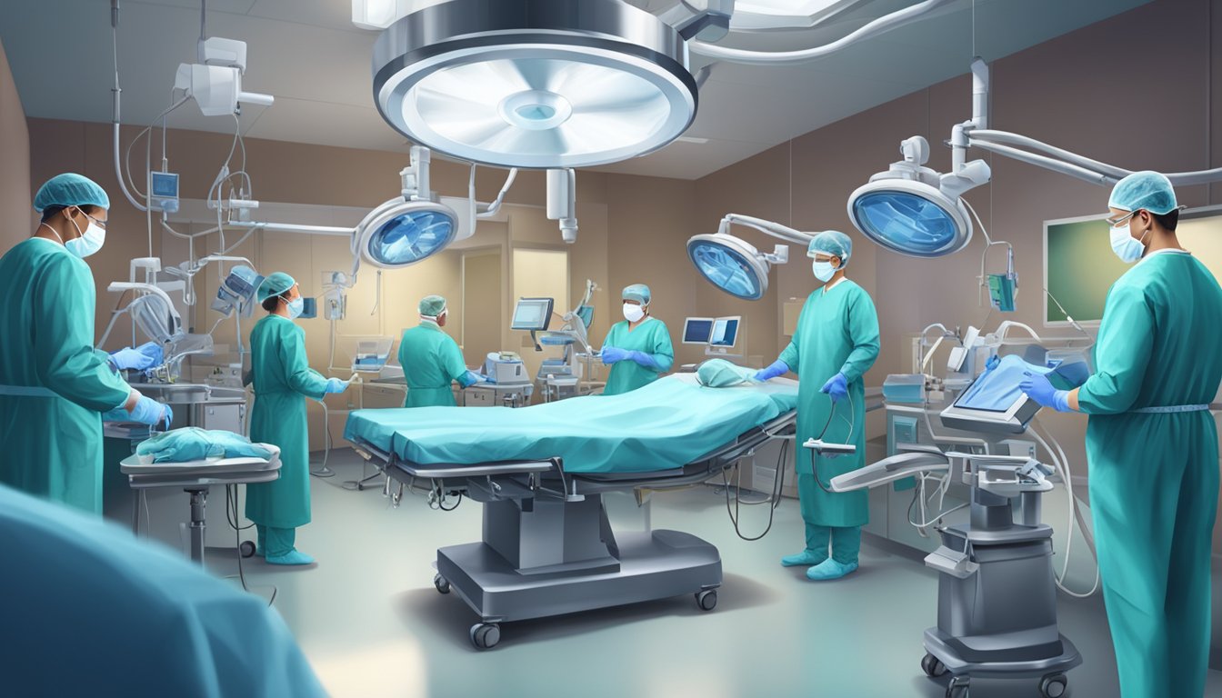 Surgeons performing heart bypass surgery in a sterile operating room with medical equipment and monitors