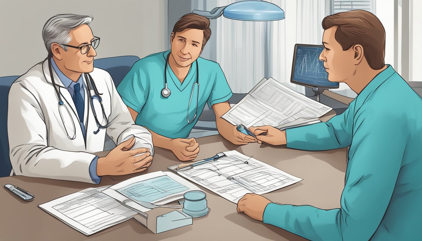 A doctor discussing heart bypass surgery costs with a patient. A brochure showing pre- and post-surgery information