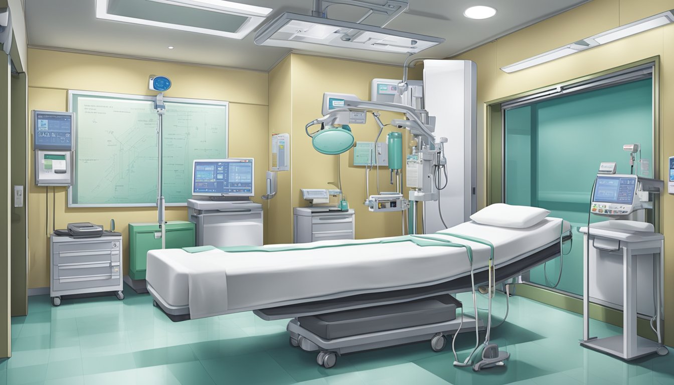 A hospital room in Singapore with medical equipment and a price list for heart bypass surgery displayed prominently