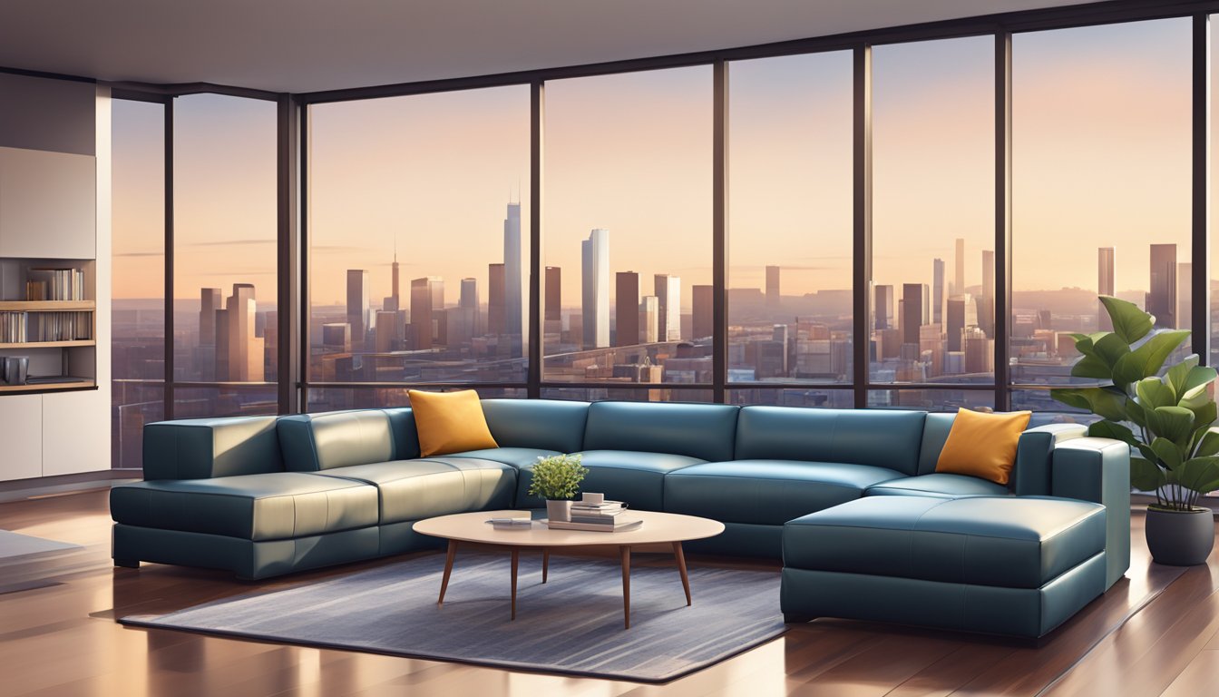 An L-shaped leather sofa in a modern living room with a sleek coffee table and a large window overlooking a city skyline