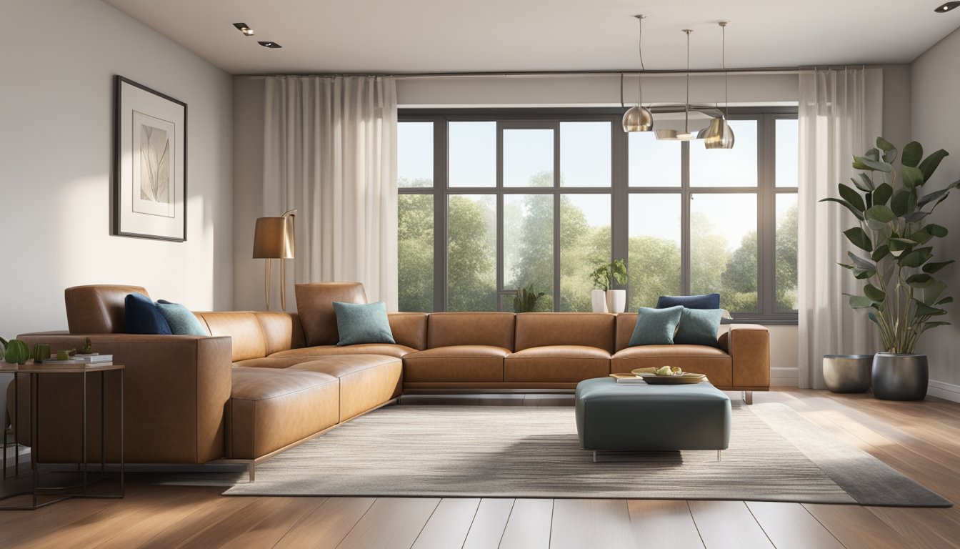 A living room with a sleek, L-shaped leather sofa as the focal point, surrounded by modern decor and bathed in natural light