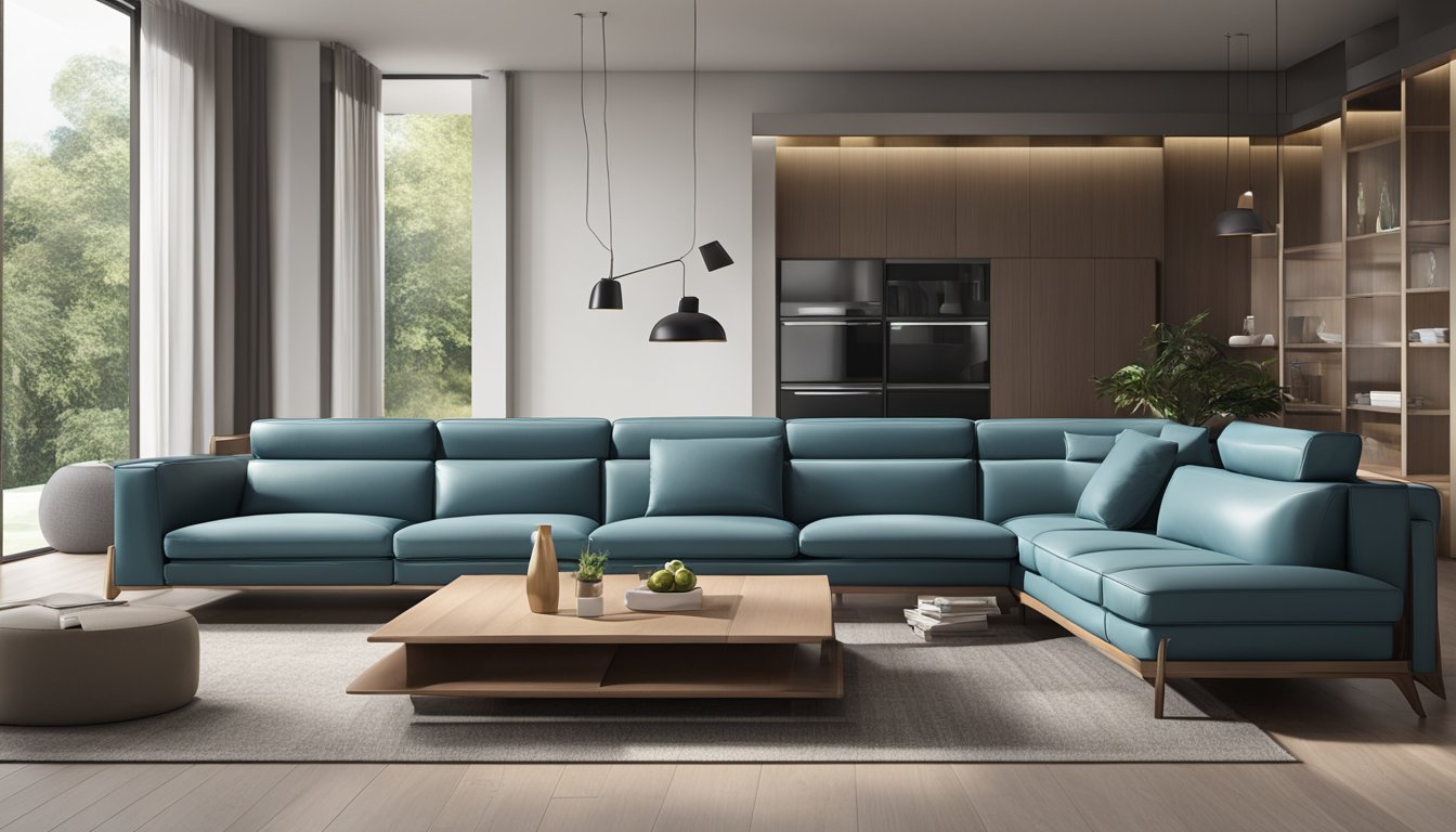A leather sofa in a modern living room, with clean lines and a sleek L-shape design. The room is well-lit and the sofa is the focal point, inviting relaxation and comfort