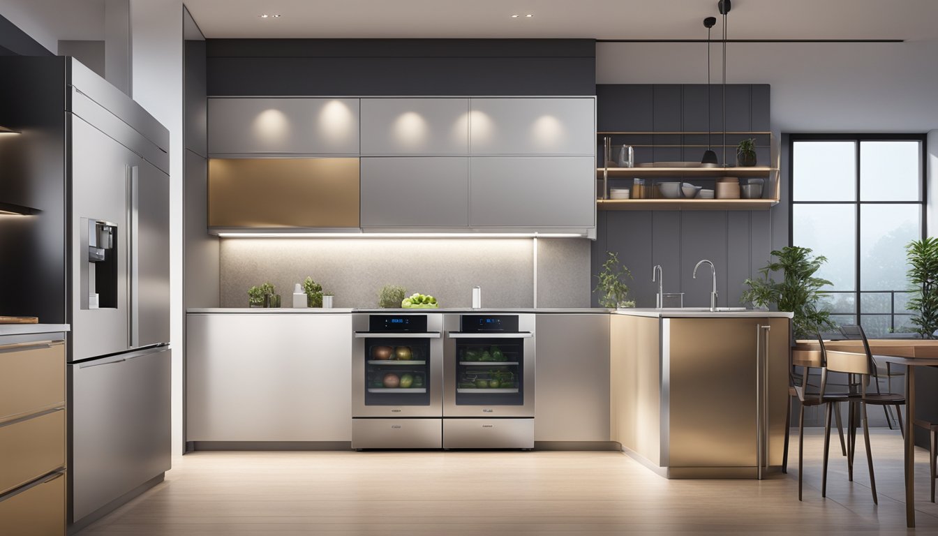 A sleek Midea fridge stands in a modern kitchen, its stainless steel surface gleaming under the soft glow of overhead lights. The double doors are closed, but the interior shelves are visible through the transparent glass panels