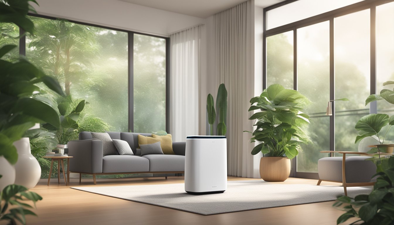 A sleek air purifier sits on a modern living room table in Singapore, surrounded by lush green plants and softly lit by natural sunlight