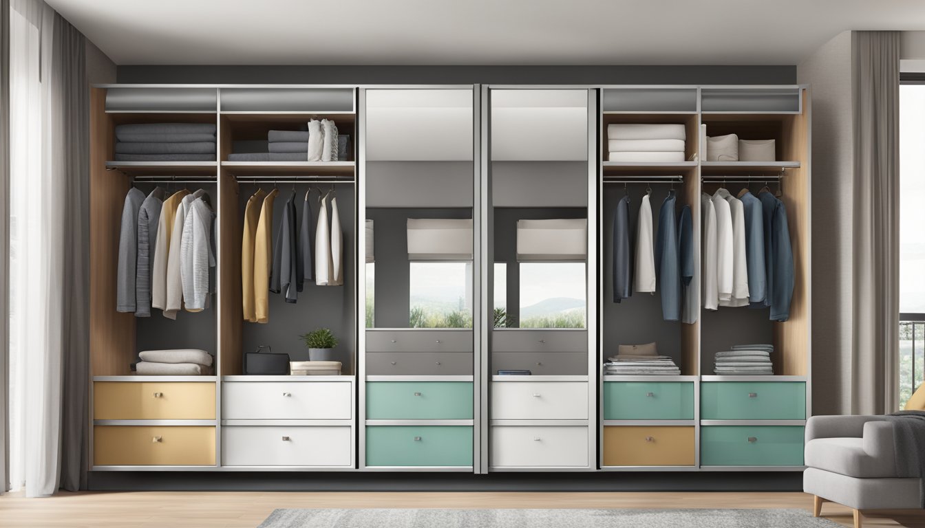 Sliding wardrobes with mirrored doors, sleek handles, and organized shelves