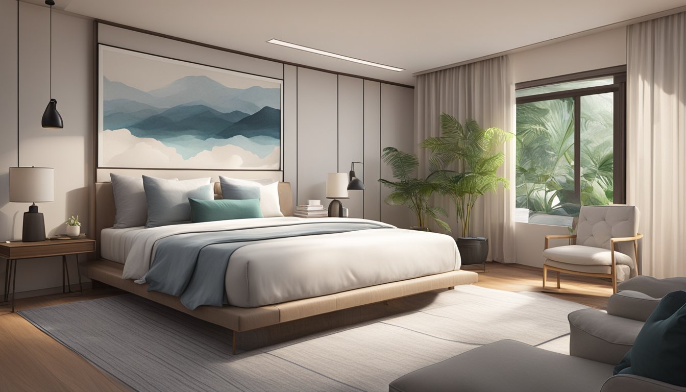 A queen-size mattress sits in a cozy Singapore bedroom, adorned with crisp white linens and a fluffy duvet. The room is bathed in soft, natural light, creating a serene and inviting atmosphere