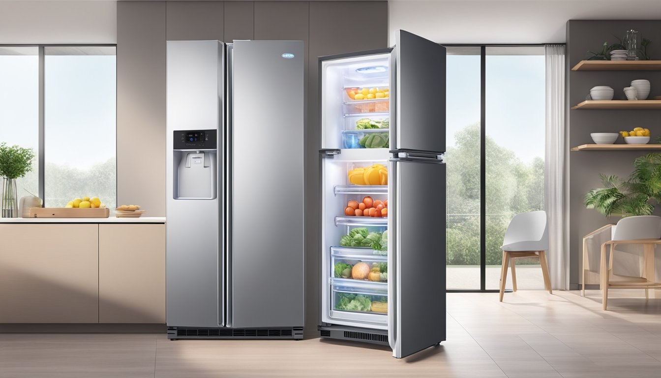 The Midea fridge door swings open, revealing adjustable shelves, a spacious crisper drawer, and a bright LED interior light