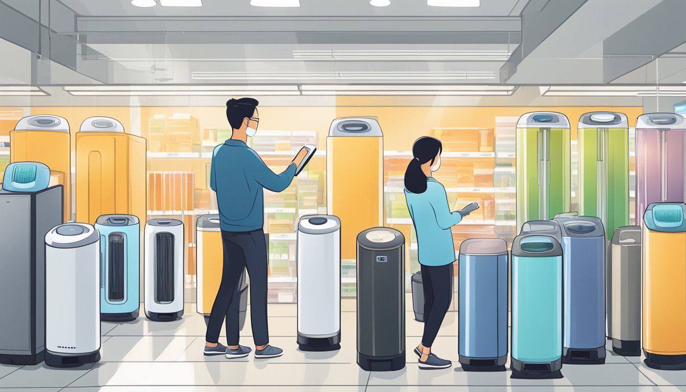 A person examines various air purifiers in a well-lit store in Singapore, comparing features and reading reviews