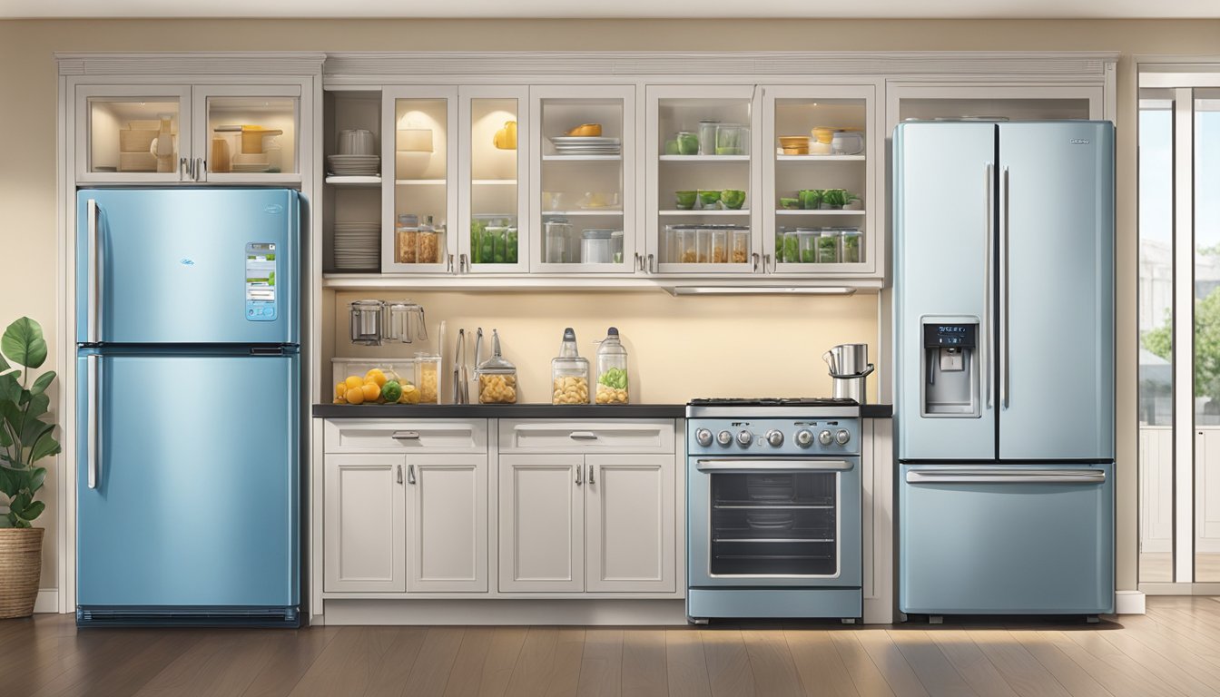 A Midea fridge sits in a well-lit kitchen, surrounded by various support and service items