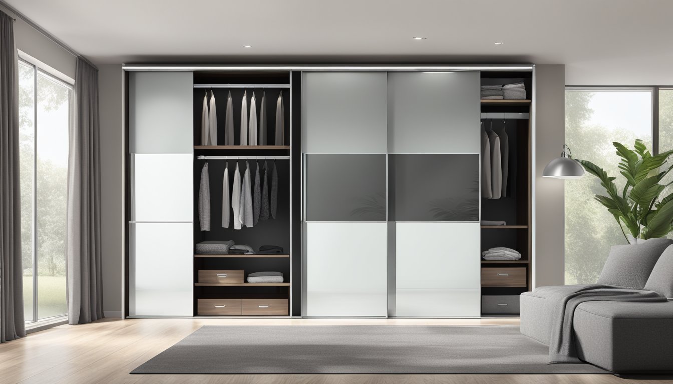 A sleek, modern sliding wardrobe with mirrored doors and interior shelves. Smooth, effortless sliding mechanism and space-saving design