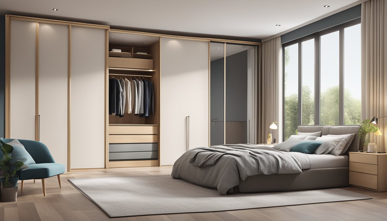 A bedroom with sliding wardrobes seamlessly integrated into the decor, adorned with matching accessories