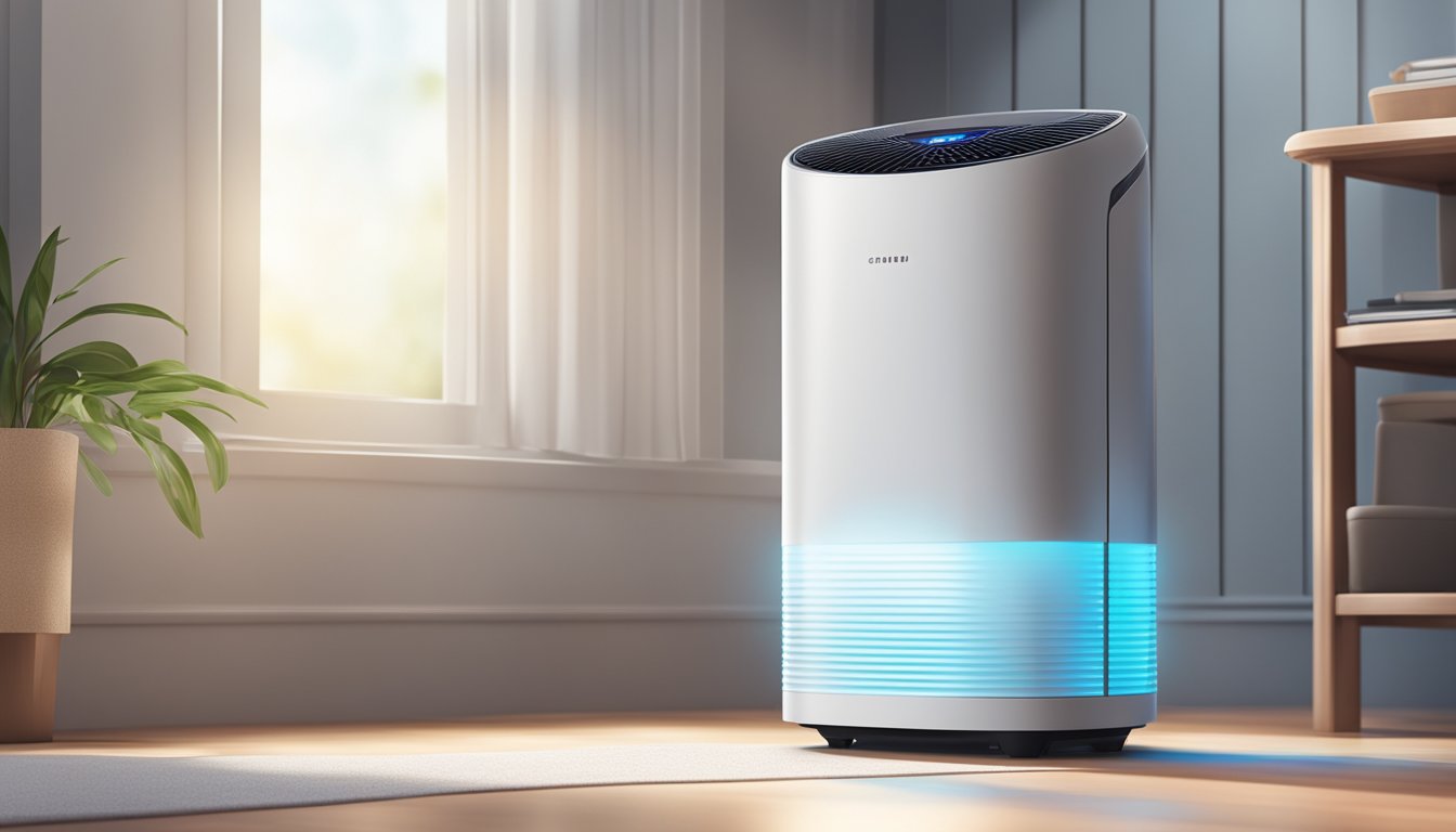 A modern air purifier placed in a clean and well-lit room, with a subtle glow emanating from its control panel