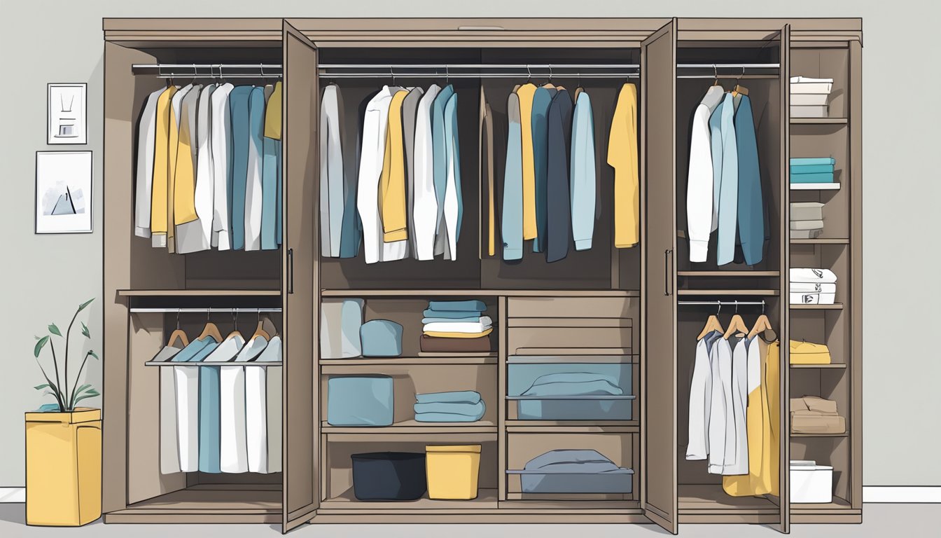 A sliding wardrobe with open doors, shelves, and hanging space. Labels and arrows highlight features
