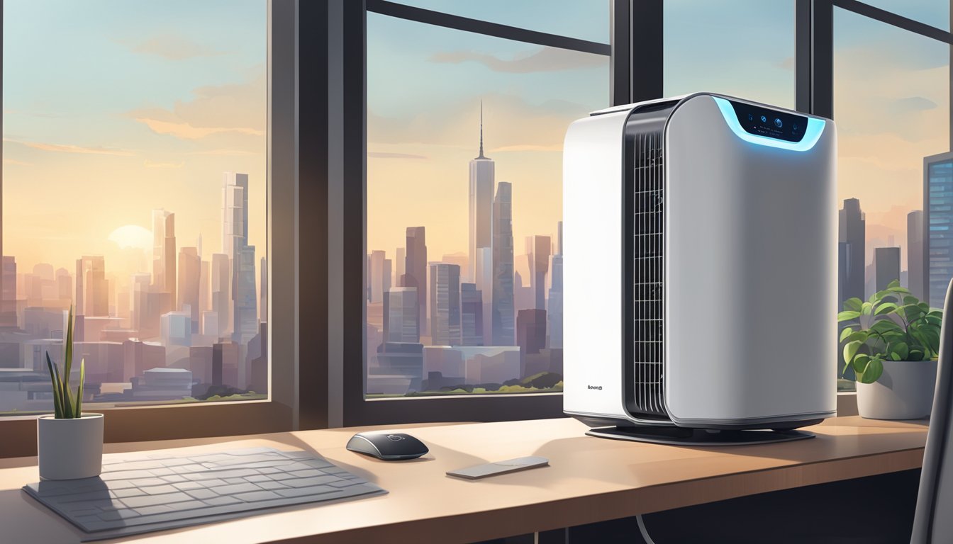 An air purifier sitting on a clean, modern desk in a well-lit room with a city skyline visible through the window