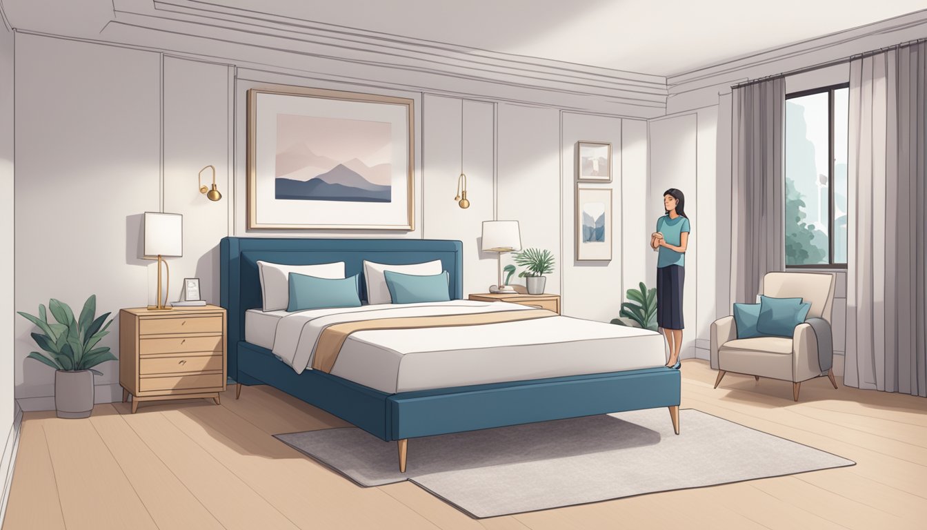 A bedroom with a queen-size bed and a person standing beside it, pointing to a list of frequently asked questions about mattress sizes in Singapore